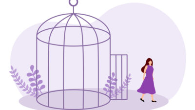 drawing of a woman in purple dress walking out of a cage, representing her comfort zone